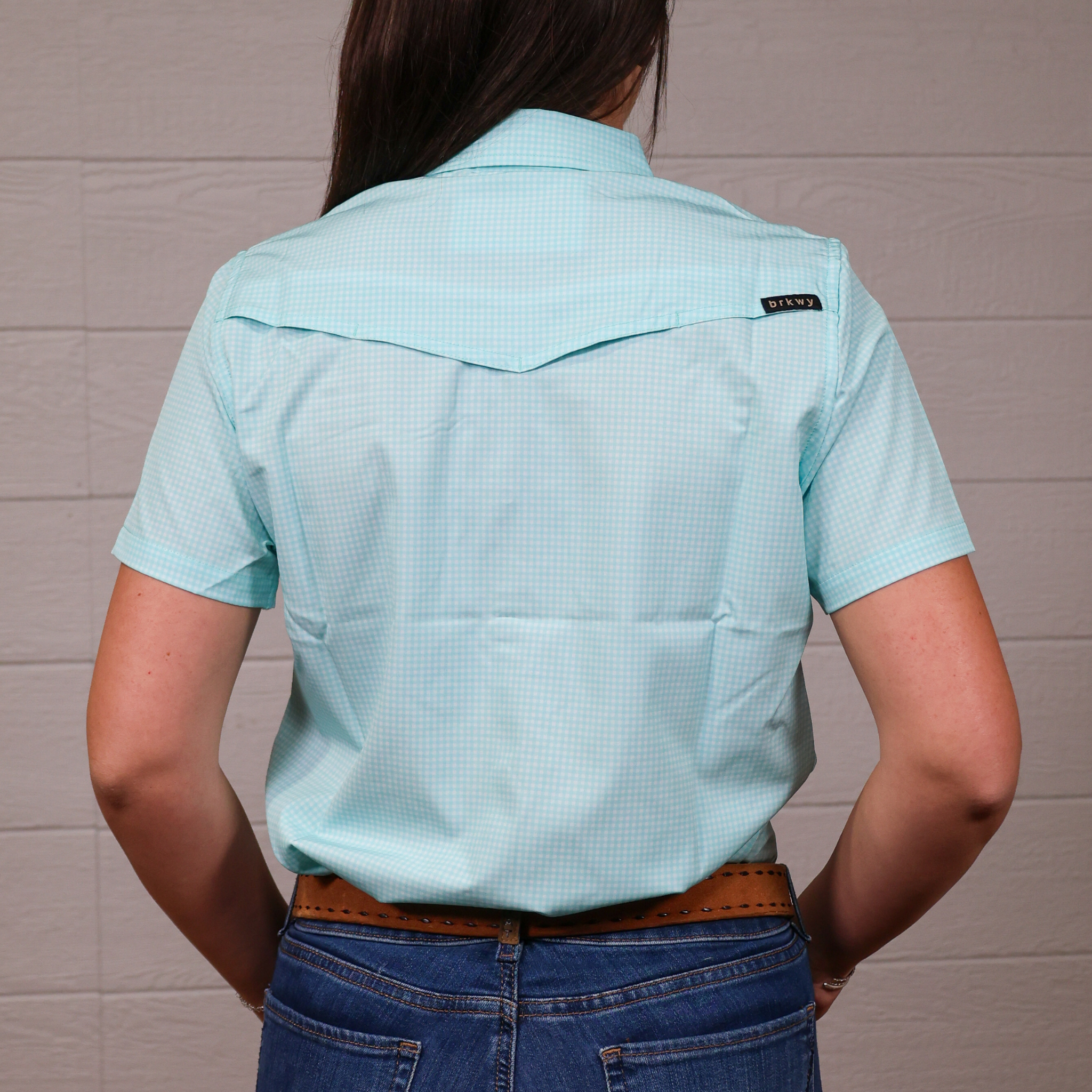 Person wearing a light blue checkered shirt with a brand logo on a plain background. back Facing