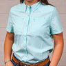 women's Light blue checkered shirt worn by a person against a neutral background. forward facing