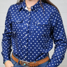 Women's Blue shirt with white polka dots worn by a person against a white background. forward facing.