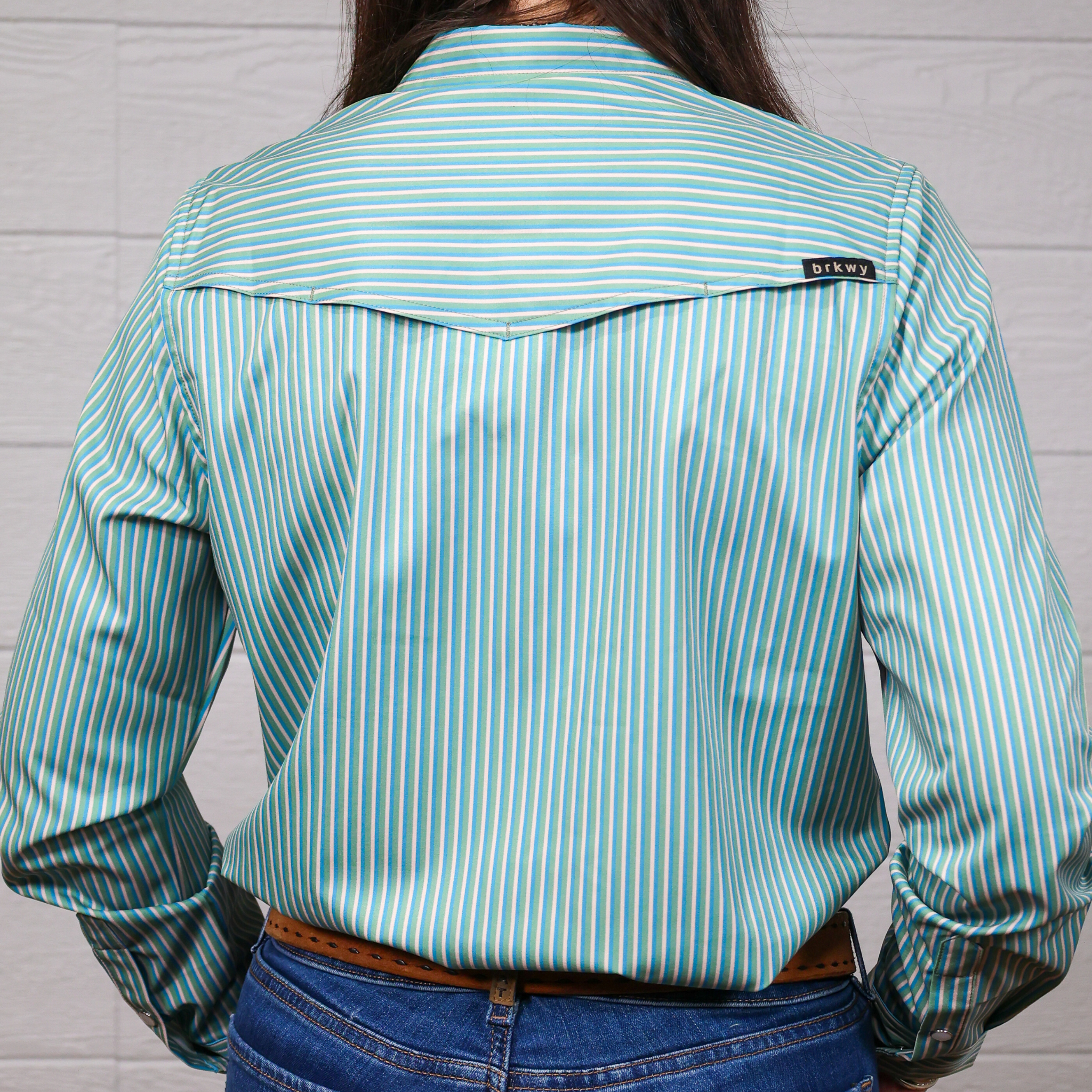 Person wearing a teal and white striped shirt with a white background, back facing