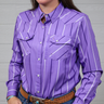 Purple shirt with white stripes worn by a person against a white background
