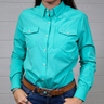 Teal shirt worn by a person with a white background. forward facing.