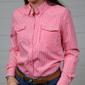 Person wearing a pink and white striped shirt with a white. Forward Facing
