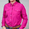 Person wearing a bright pink shirt with a white background. Forward Facing