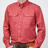 Red checkered shirt worn by a person against a white background. front facing.