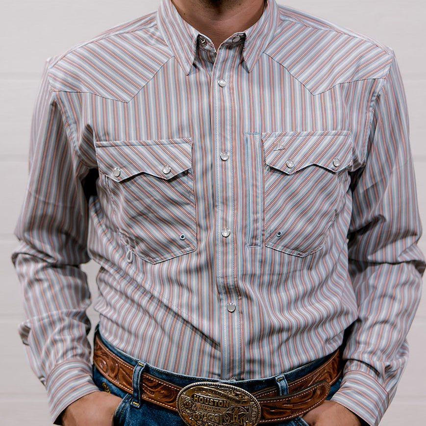 Man wearing a striped shirt and jeans with a belt buckle against a white background. Front Facing