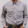 Man wearing a striped shirt and jeans with a belt buckle against a white background. Front Facing