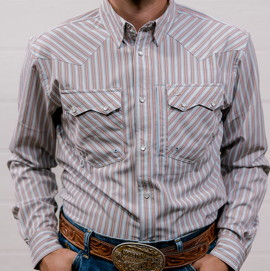 Man wearing a striped shirt and jeans with a belt buckle against a white background. Front Facing