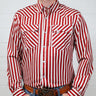 Front of Red and white striped shirt worn by a person against a white background