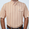 Man wearing a beige patterned shirt with a white background showing the pattern and front.