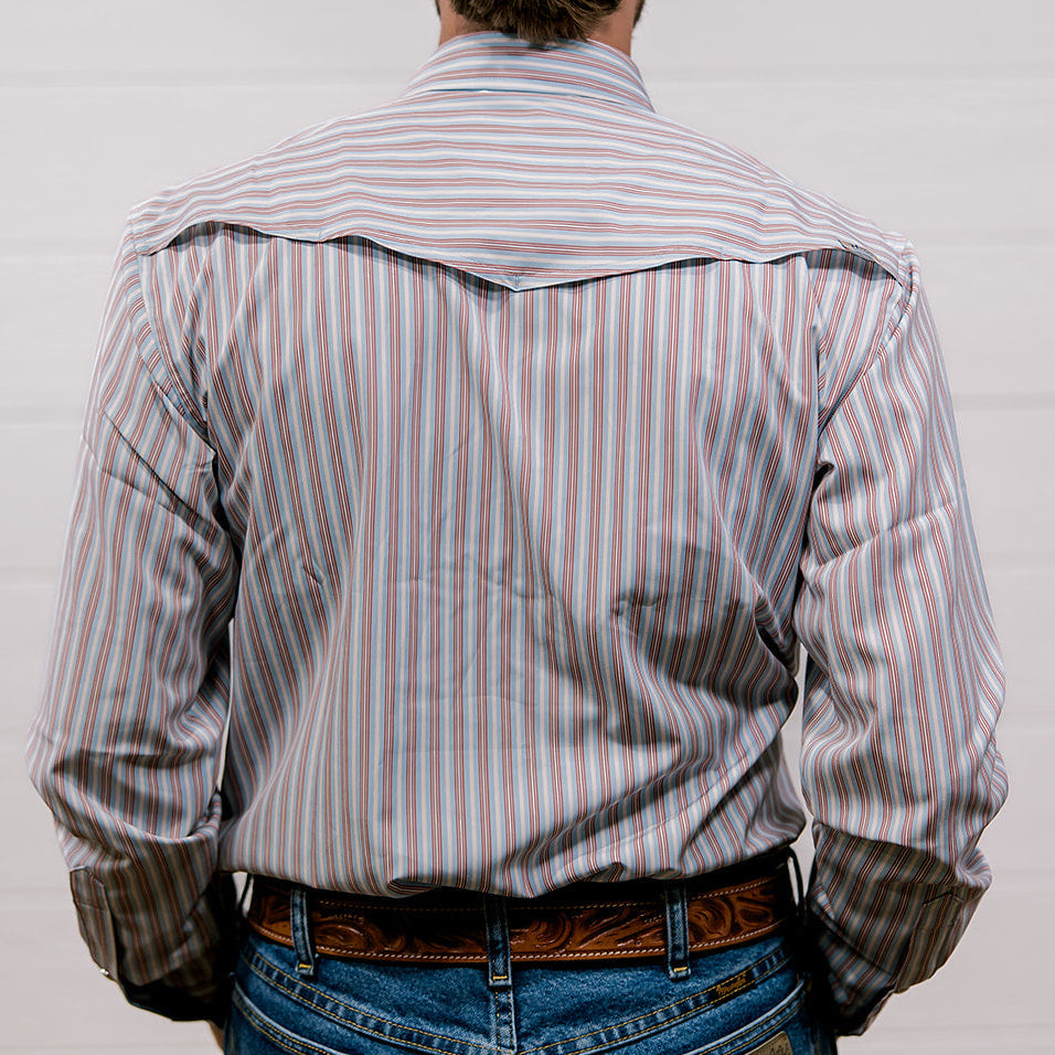 Man wearing a striped shirt and jeans from behind on a plain background. back facing.