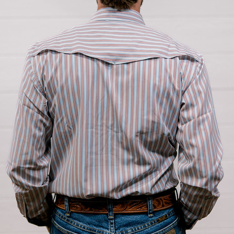 Man wearing a striped shirt and jeans from behind on a plain background. back facing.