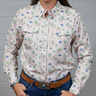 Person wearing a floral patterned shirt with a White background. Forward Facing