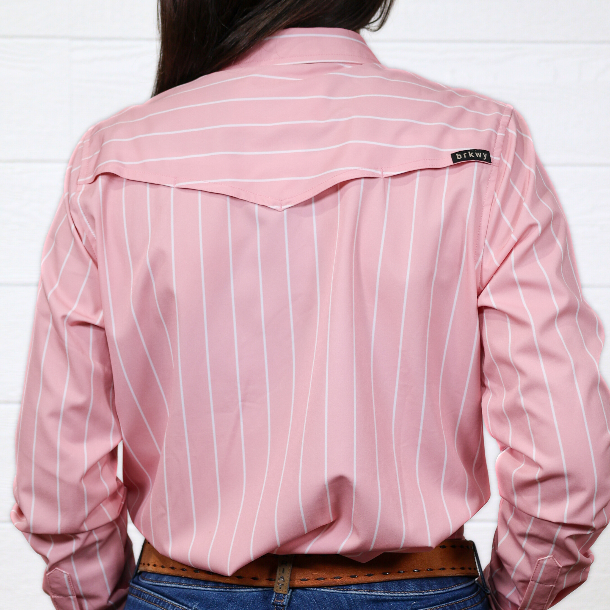 Pink pinstripe shirt with a brand logo on a white background showing the back