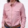 Pink striped shirt worn by a person on a white background showing the front