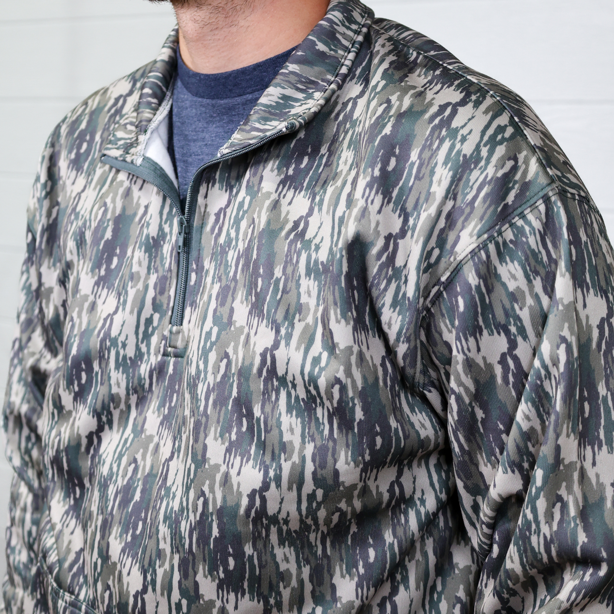 Person wearing a camouflage jacket with a plain background showing the zipper and collar