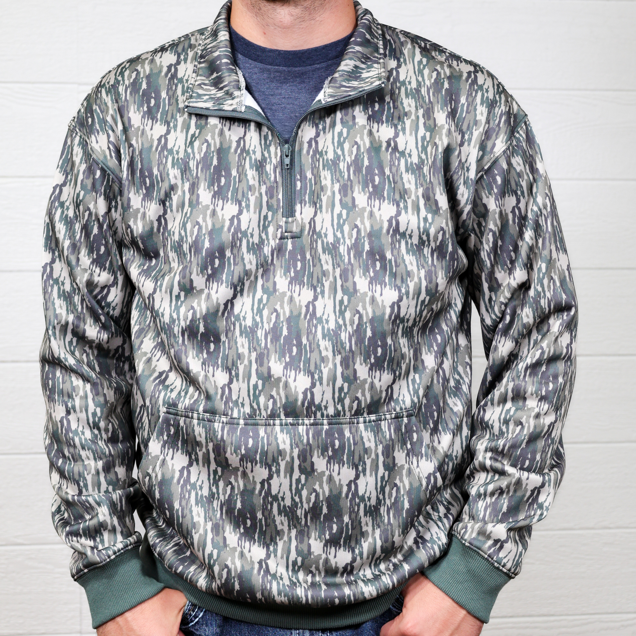 Person wearing a camouflage pullover with a white background showing the front