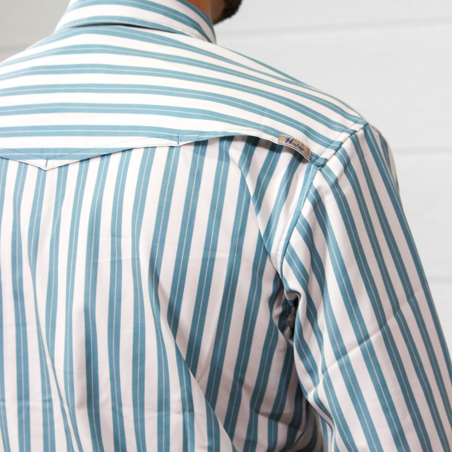 Close-up back view of a man wearing a long-sleeve button-down shirt with vertical blue and white stripes, showing the shoulder and collar area.