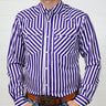 Purple and white striped  longsleeve shirt worn by a person against a white wall.
