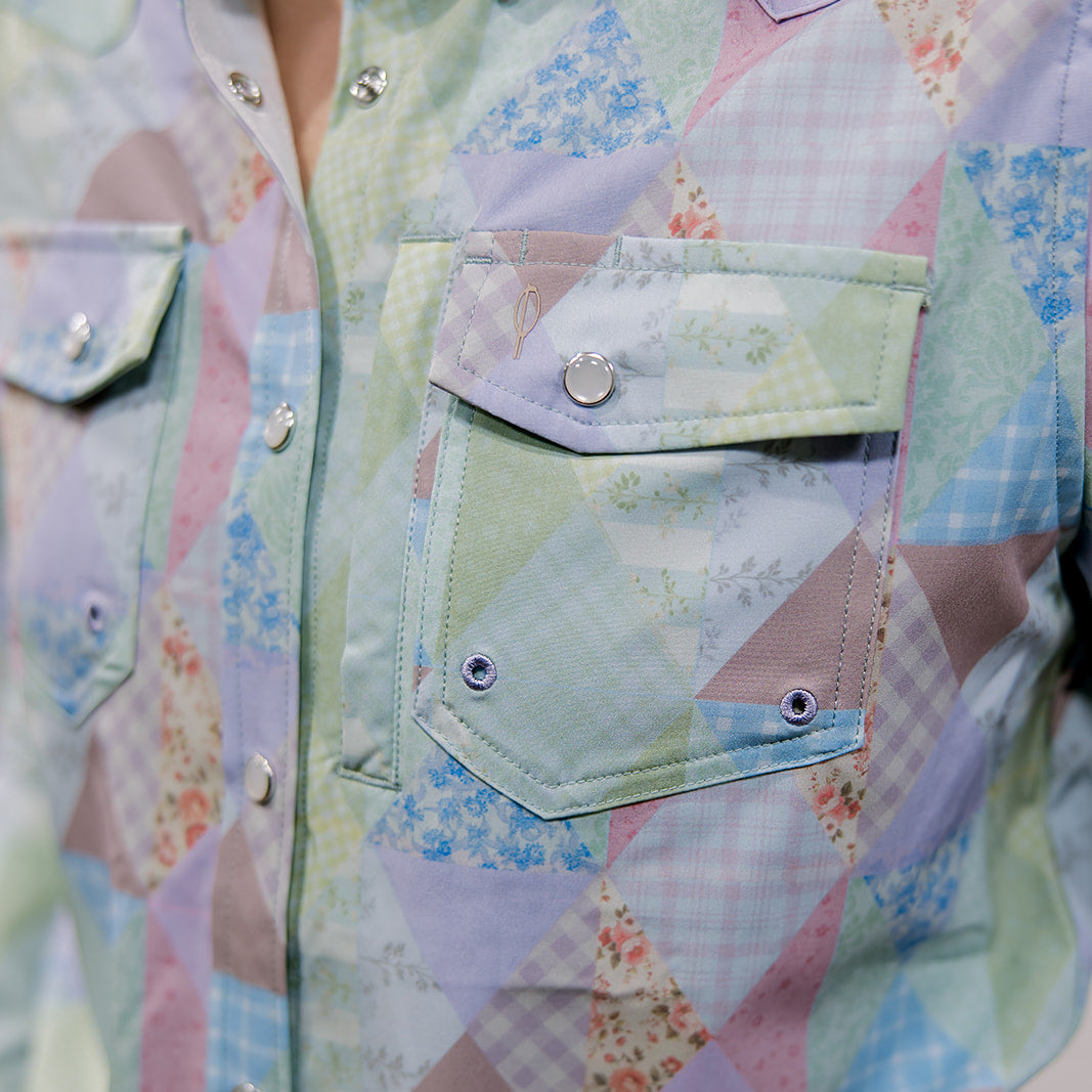 Pastel patchwork shirt with floral patterns
