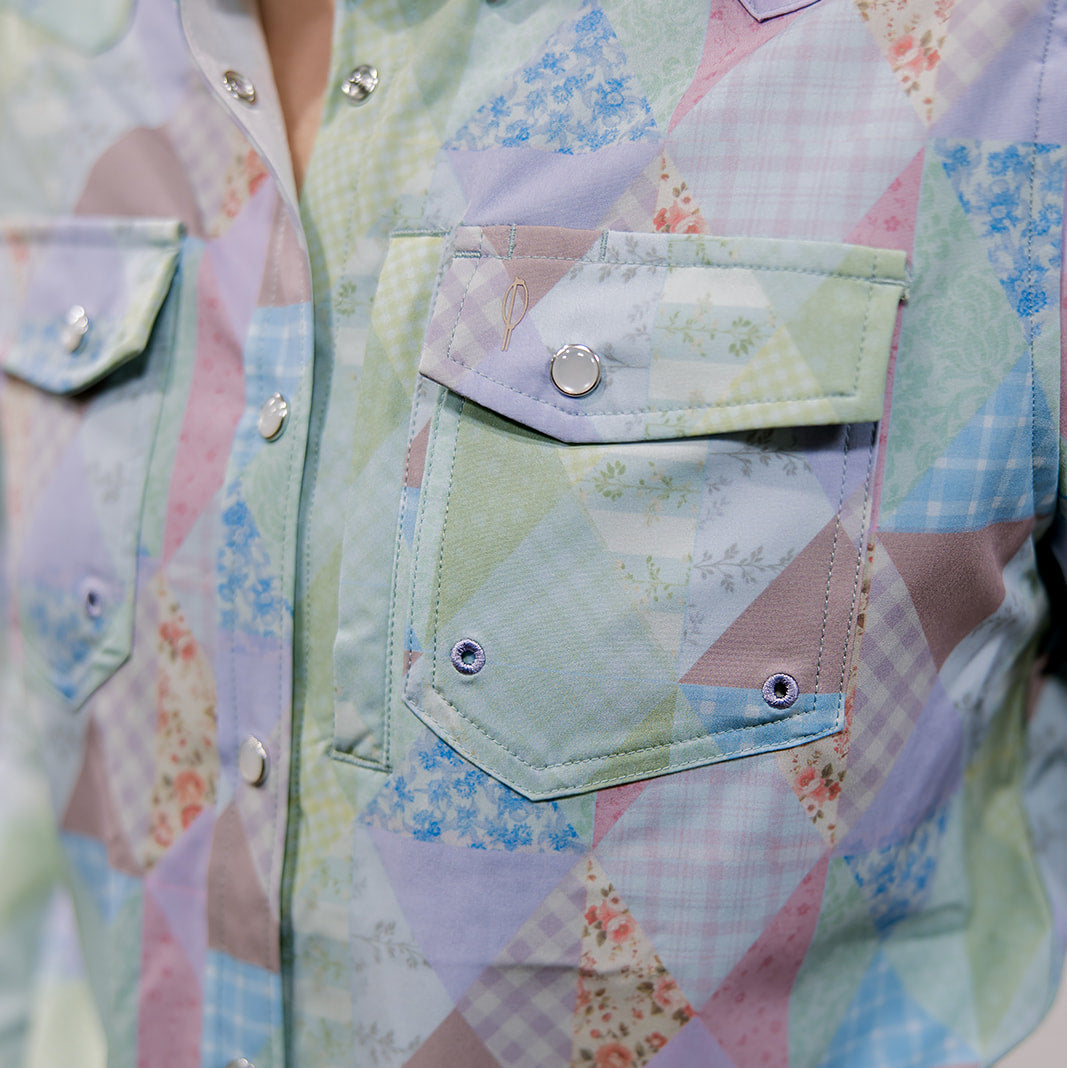 Pastel patchwork shirt with floral patterns