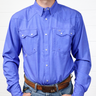 Blue shirt worn by a person on a white background. front Facing