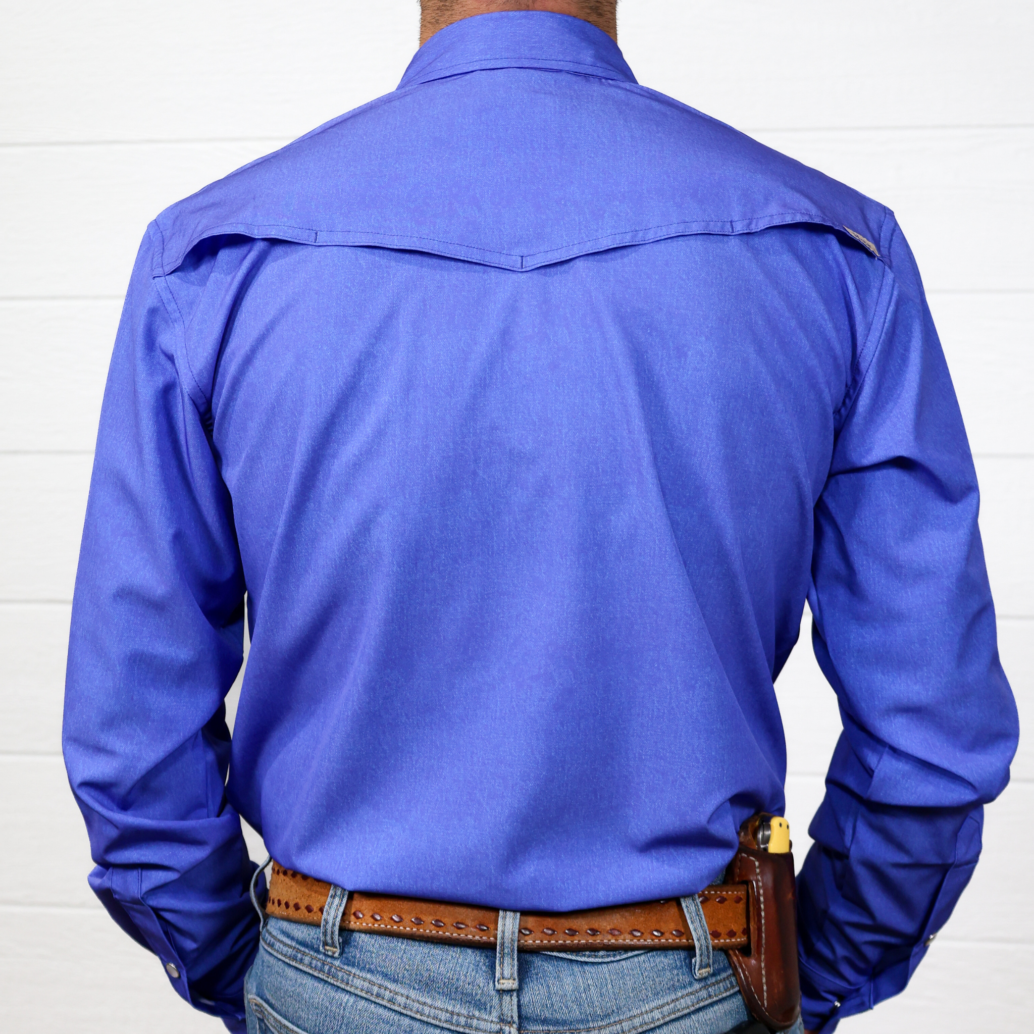 Person wearing a blue shirt with a white background. back facing